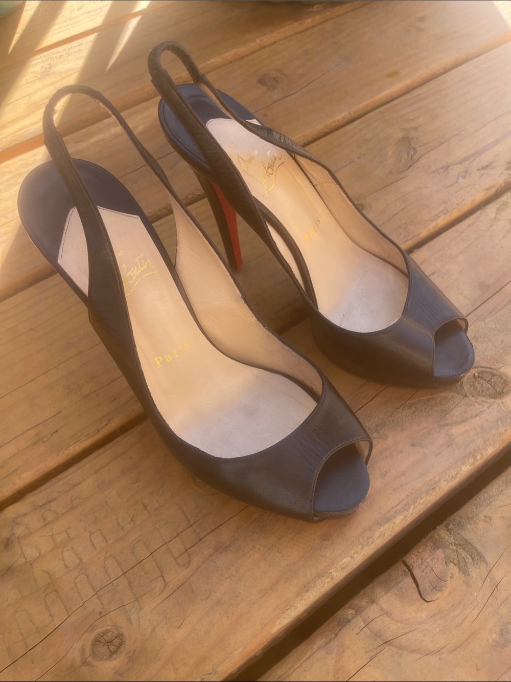 Christian Louboutin Black Open-Toe Slingback Heels with Red Sole
